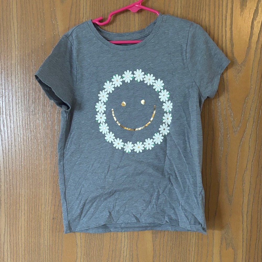 Cat & Jack Gray T-Shirt with Smiley and Flowers